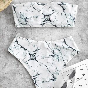 Zaful Black and White Marble High Waisted Bandeau Bikini Set XL
